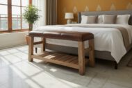Artisan Leather Bench with Rustic Wood Base - Heritage Room Three-Quarter