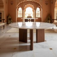 Sculpted Marble and Walnut Statement Table - Heritage Room Three-Quarter