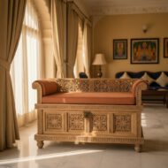 Artisan Carved Heritage Bench Chest - Heritage Room Three-Quarter