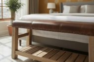 Artisan Leather Bench with Rustic Wood Base - Heritage Room Detail