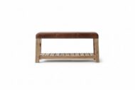 Artisan Leather Bench with Rustic Wood Base - White BG Front View