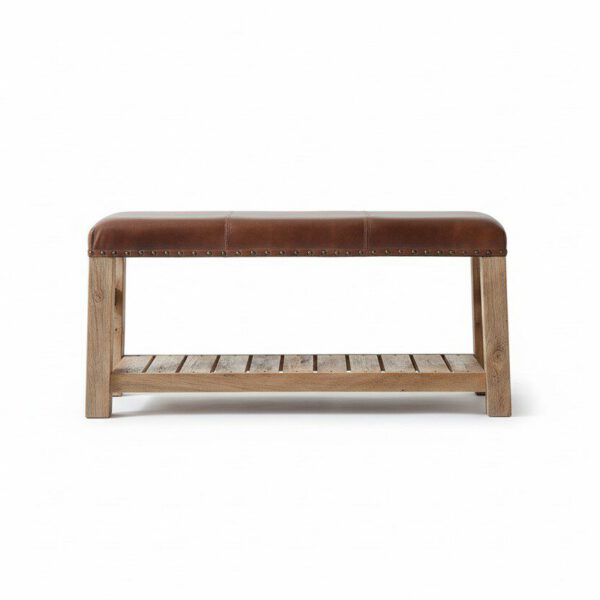 Artisan Leather Bench with Rustic Wood Base - White BG Front View