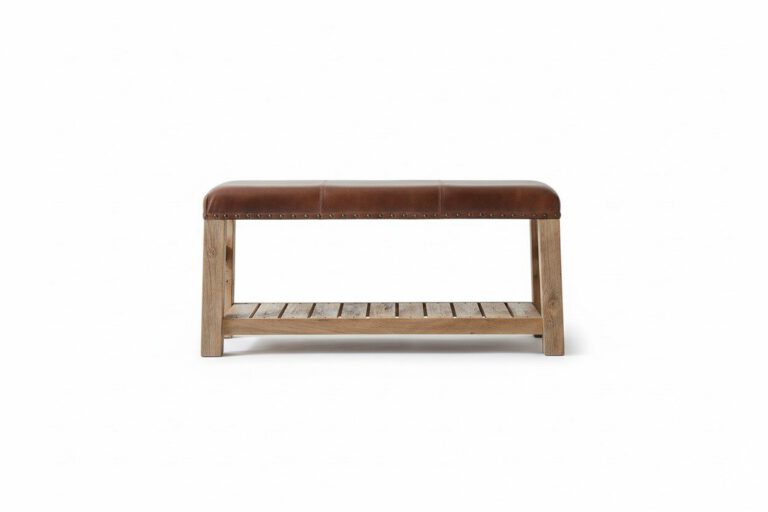 Artisan Leather Bench with Rustic Wood Base - White BG Front View