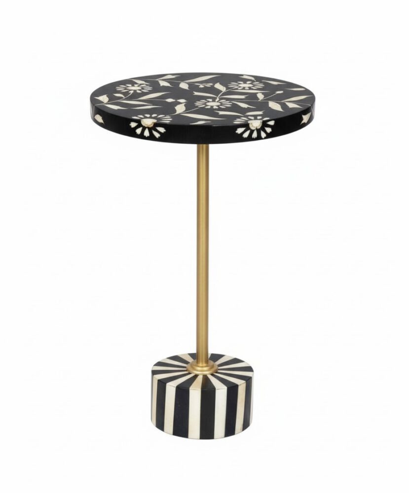 Floral Bone Inlay Accent Table - White BG Front View
