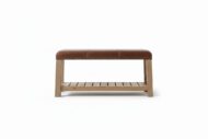 Artisan Leather Bench with Rustic Wood Base - White BG Side View