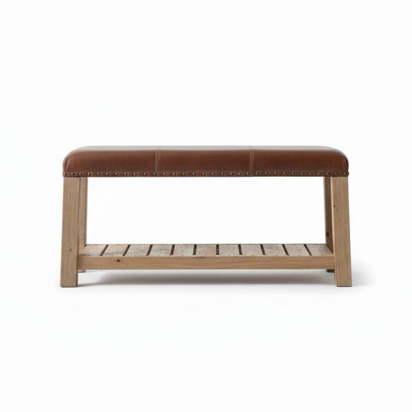 Artisan Leather Bench with Rustic Wood Base - White BG Side View