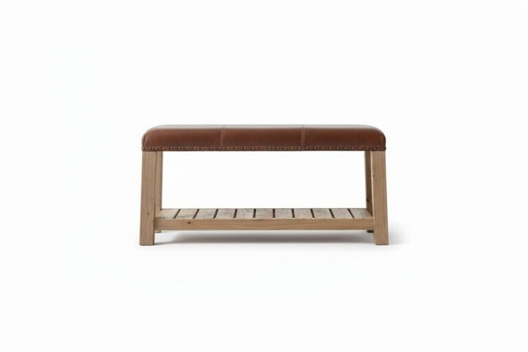 Artisan Leather Bench with Rustic Wood Base - White BG Side View