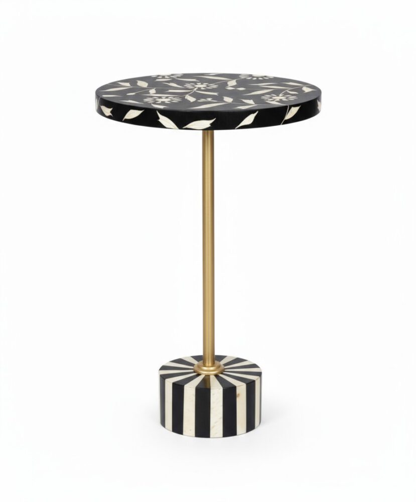 Floral Bone Inlay Accent Table - White BG Side View