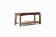 Artisan Leather Bench with Rustic Wood Base - White BG 45° Corner
